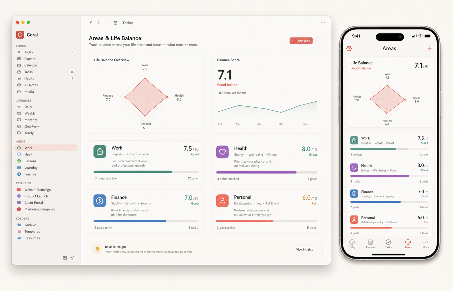 Coral areas and life balance dashboard shown on Mac and iPhone