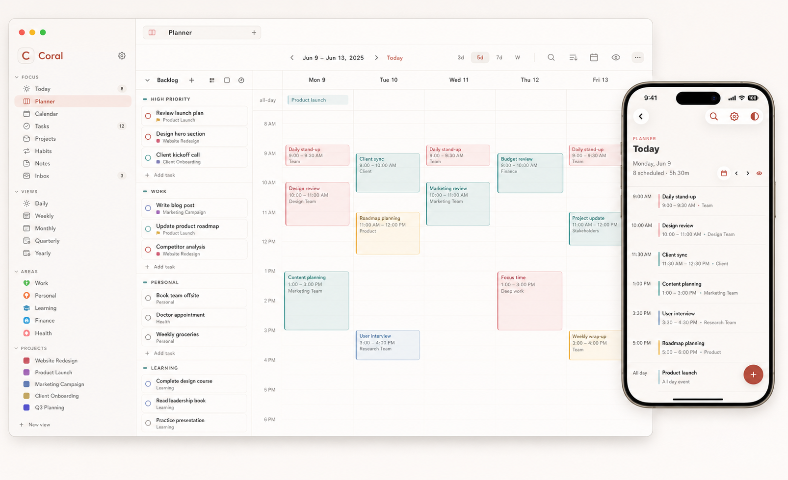 Coral calendar and planner view shown on Mac and iPhone