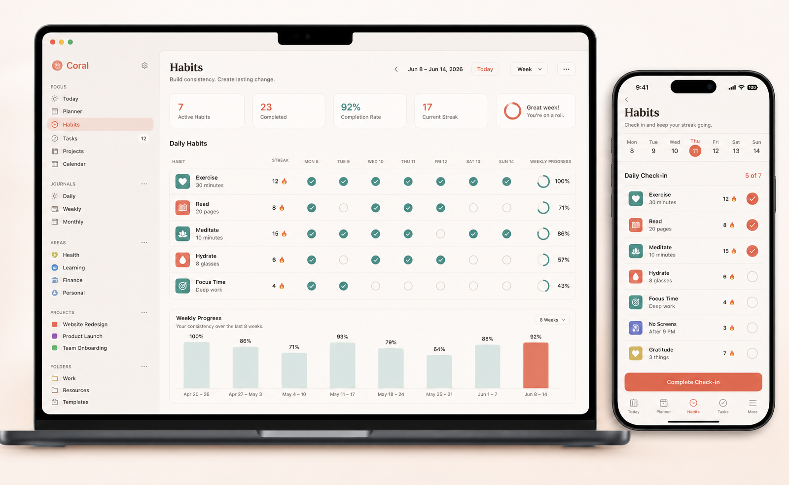 Coral habits and streak tracking view shown on Mac and iPhone