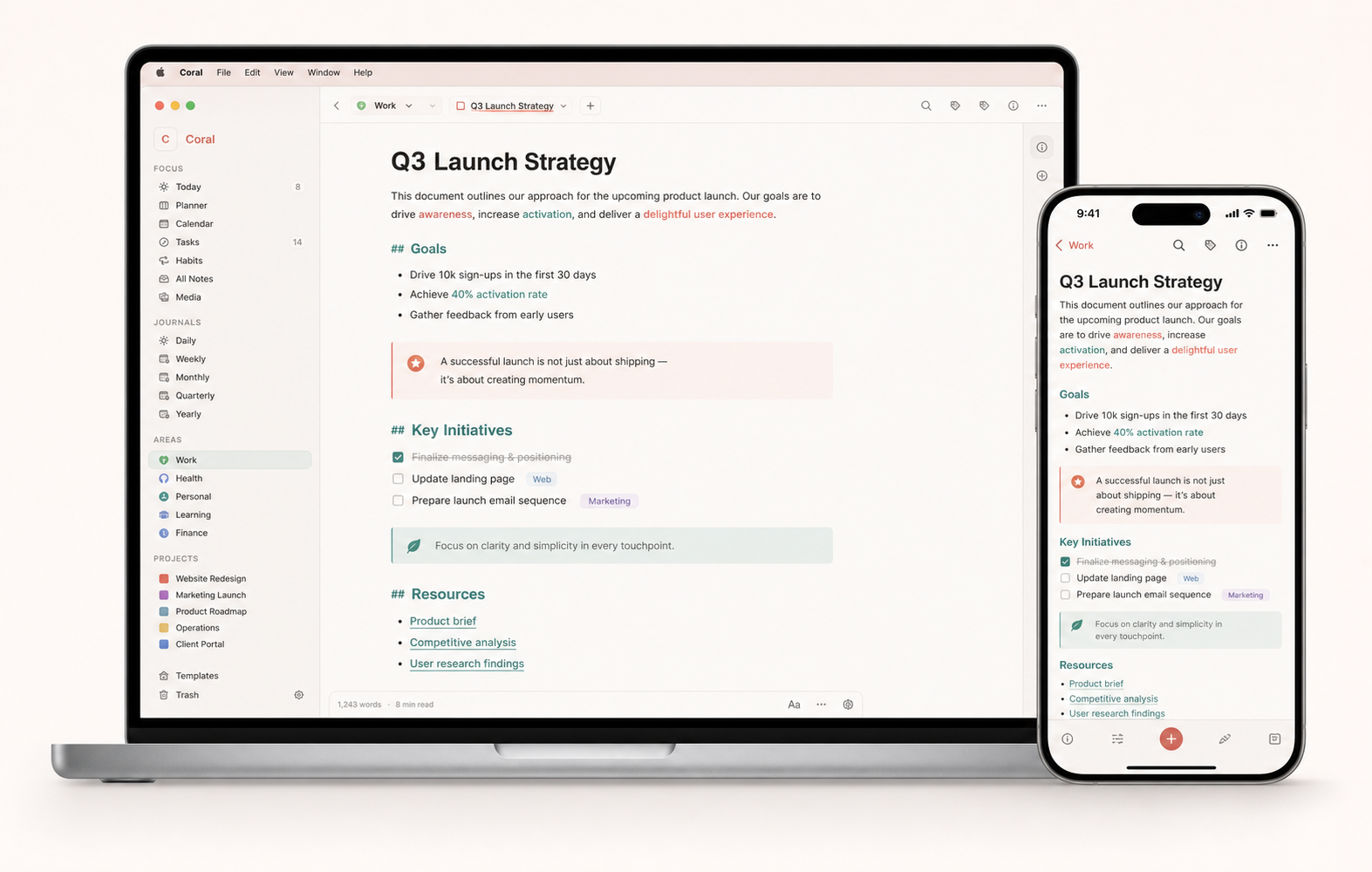 Coral notes and writing view shown on Mac and iPhone