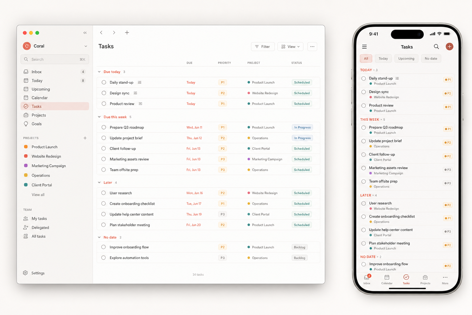 Coral task and project management view shown on Mac and iPhone