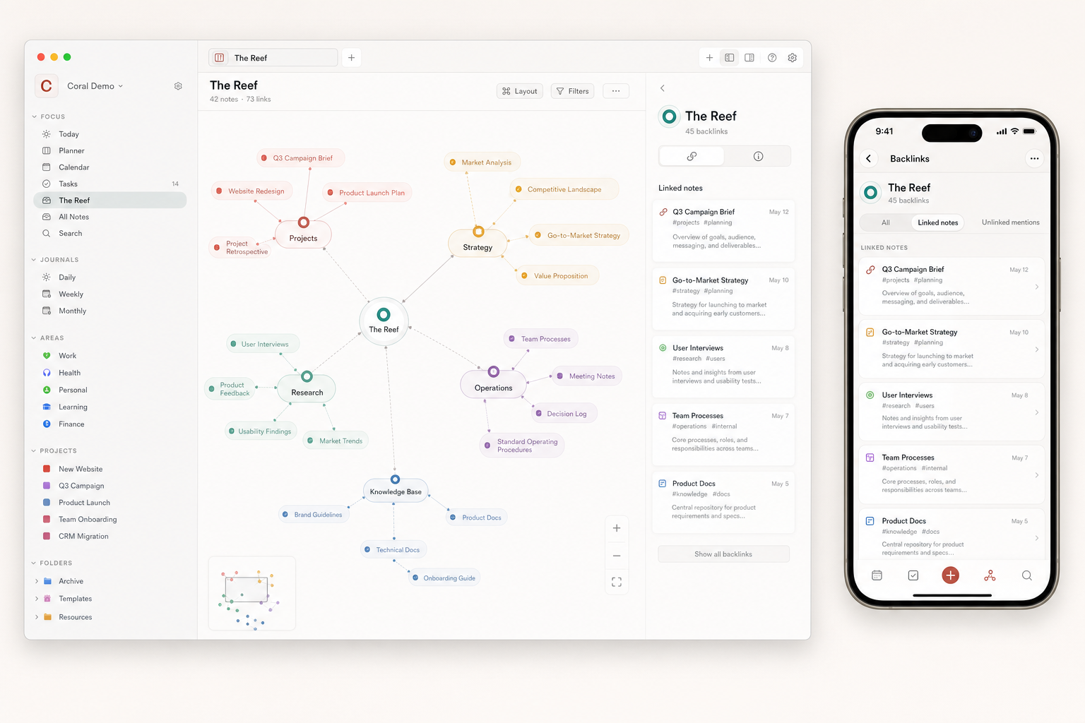 Coral Reef knowledge graph and backlinks view shown on Mac and iPhone